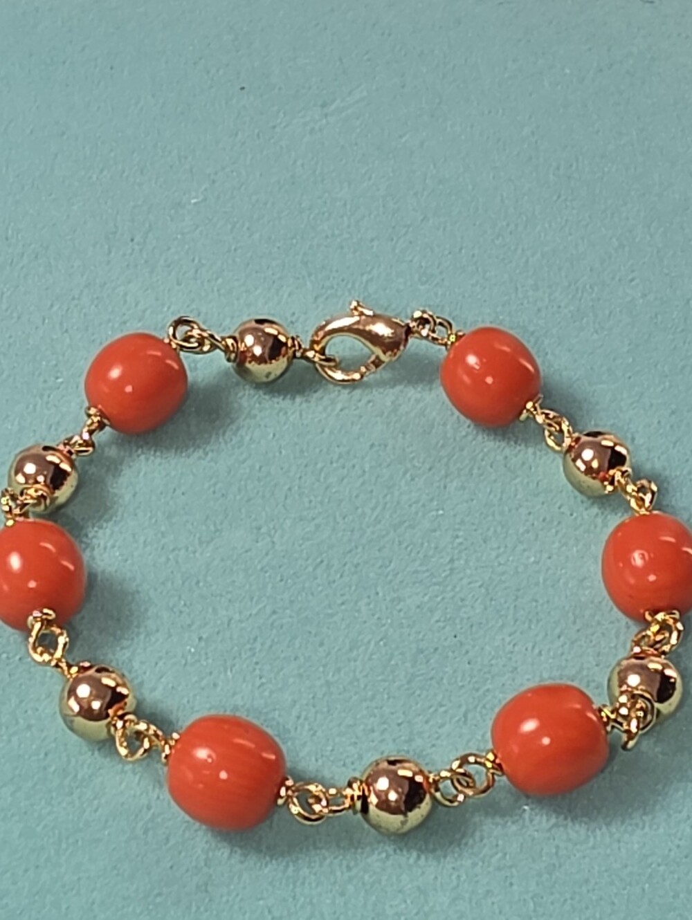 #2604, Signed ( Ls, 14K) Gold plated Baby Bracelet, Japanese Momo Coral, 5.5"In
